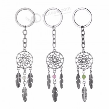 Hot New White Green Beads Dreamcatcher Feather Keychain Women Vintage Indian Style Keyrings Key Holder Jewelry