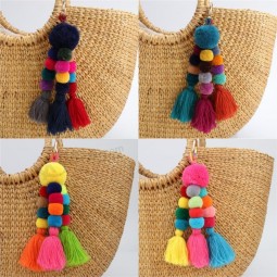1pc Vintage Bohemian Accessories Handmade Keychain Beads Chain Pompom Hand Bag Hanging Key Chains For New Year Gift