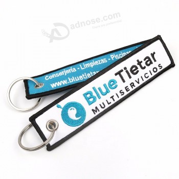 Merrow Border Textile Customized Letters Logo Safety Blue Embroidered Fabric Keychains for Collections