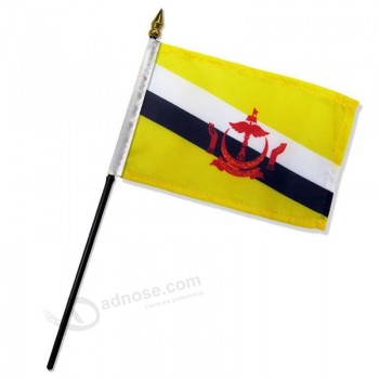 4x6 inch Brunei Table Desk flag mounted on a 10 inch Black Plastic stick staff (Super Polyester) cloth Fabric (Sewn Edges for Durability)