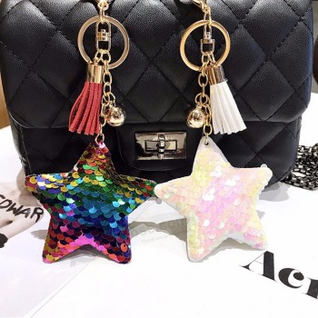 Estrela borla chaveiros personalizados glitter pompom lantejoulas chaveiro presentes para mulheres llaveros mujer Acessórios bolsa de carro chaveiro chaveiro
