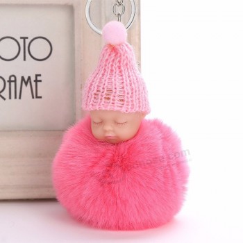 Neuer netter Pompon keychain schlafendes Babyschlüsselanhänger flaumiges gefälschtes Kaninchenfellballfrauenautotasche Pomponschlüsselring Pom Pom Haltergeschenk