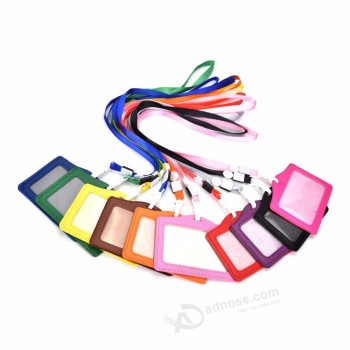 Women Men PU Bank Card Name Credit Card Holders Neck Strap Card Bus ID Holders Candy Colors Identity Badge With Lanyard