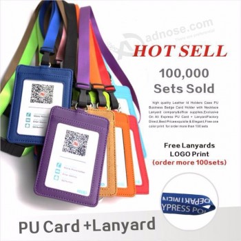 leather  Id holders case PU business badge card holder  with necklace lanyard  logo customize print company&office supplies