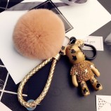 Exquisite 8cm Rabbit Fur Ball Rhinestones Gloomy Bear cute keychains Leather Rope Key Ring Car Purse Pendant Trinkets Gift Key Chains