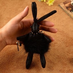 Luxury High Quality Cute Leather Animal Rabbit Keychain Mink Fur Pompom Key Ring Women Bag Charm Accessories Pendant Key Holder