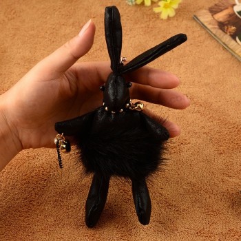 luxury high quality cute leather animal rabbit keychain mink Fur pompom Key ring women Bag charm accessories pendant Key holder