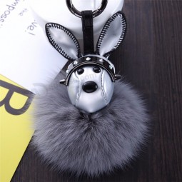 luxury imported leather rabbit cute keychains fluffy Big real Fox Fur ball pompon bunny Key ring women Bag charm pendant Key holder