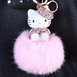 süsse Strasssteine ​​Hello Kitty Fuchspelz Pom Pom süsse Schlüsselanhänger KT flauschige Fellbommeln Schlüsselanhänger Damen Auto Taschenanhänger Schlüsselanhänger Portschlüssel