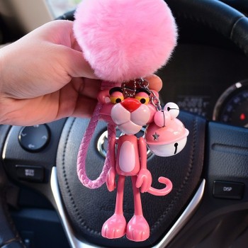 Animal bonito dos desenhos animados anime pantera cor de rosa chaveiro coelho bola de peles pom pom chaveiros sinos chaveiros mulheres saco de carro encantos pingente