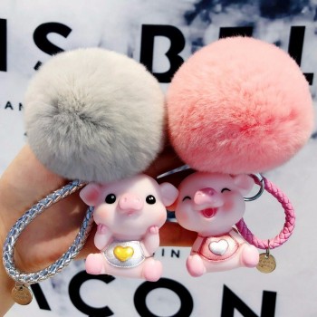 cartoon fluffy rabbit Fur Pom Pom cute animal love Pig keychain doll bell pompons Key ring women Car purse Key chains trinkets