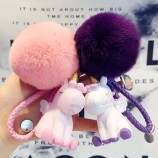 Cartoon Fluffy Rabbit Fur Pom Pom Cute Animal Pony Unicorn Horse Keychain Doll Bell Key Ring Women Car Purse Key Chains Trinkets