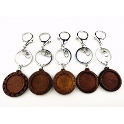 24pcs Dark brown Wood cabochon settings dia 25mm round blank wooden base with Metal ring Lobster clasp for DIY Key Chains making