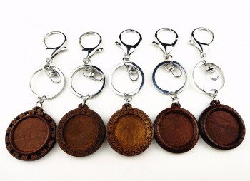 24pcs dark brown wood cabochon settings dia 25mm round blank wooden base with metal ring lobster clasp for DIY Key chains making