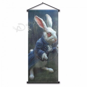 白ウサギとクロックポスターアリスワンダーランド壁掛けスクロールバナーフラグ用ハロウィンクリスマス誕生日45x110cm