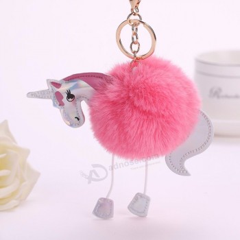 Frauen Cartoon künstliche Kaninchenfell Einhorn personalisierte Schlüsselanhänger Handtasche Anhänger Auto Schlüsselanhänger Modeschmuck Großhandel