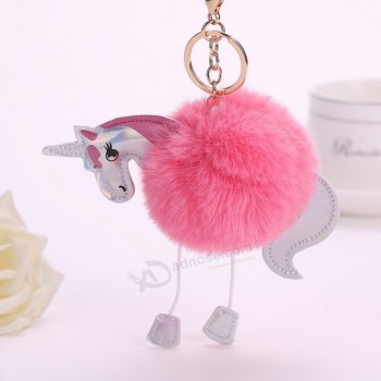 Mujeres de dibujos animados conejo artificial de piel de unicornio llaveros personalizados bolso colgante coche llavero joyería de moda al por mayor