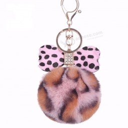 fashion pompom fluffy butterfly Bow personalised keyrings Pom Pom leopard round faux rabbit Fur Key ring for women Bag Car pendant jewelry