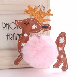 Cute Fluffy Reindeer personalised keyrings Artificial Rabbit Fur Ball Pom Pom Key Chains Deer Animal Bag Charms Trinket Car Key Ring
