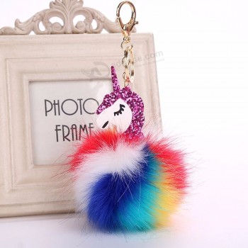 Cute Fur Pompom Unicorn cheap-keyrings Fluffy Artificial Rabbit Fur Key Chains For Women Cars Bag Rainbow Horse Keyrings Jewelry