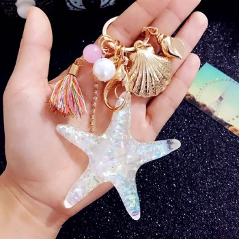 Hot New cartoon Sea world starfish pearl shell llavero llavero llavero colgante de cristal llavero regalo de mujer