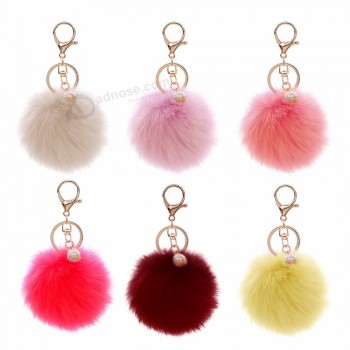 12 Color Fluffy Artificial Rabbit Fur Pompom personalised keyrings Women Bag Pearl Bead Key Chain Pendant Ornaments Keyring