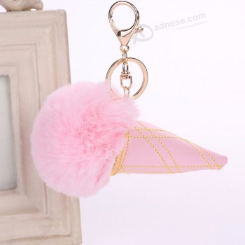 artificial Fur pompom keychain plush fluffy Ice cream personalised keyringswomen girl Bag pendant Car accessories keyrings