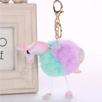 8 colores unicornio esponjoso llaveros personalizados piel artificial pompón llavero mujeres bolsa llavero coche colgar bolso accesorios
