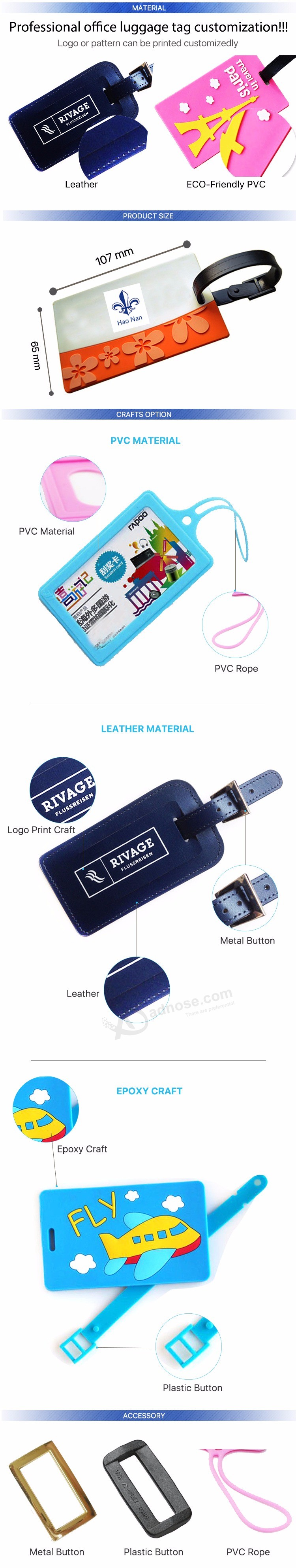 Etichetta per bagaglio da viaggio in morbida gomma PVC personalizzata