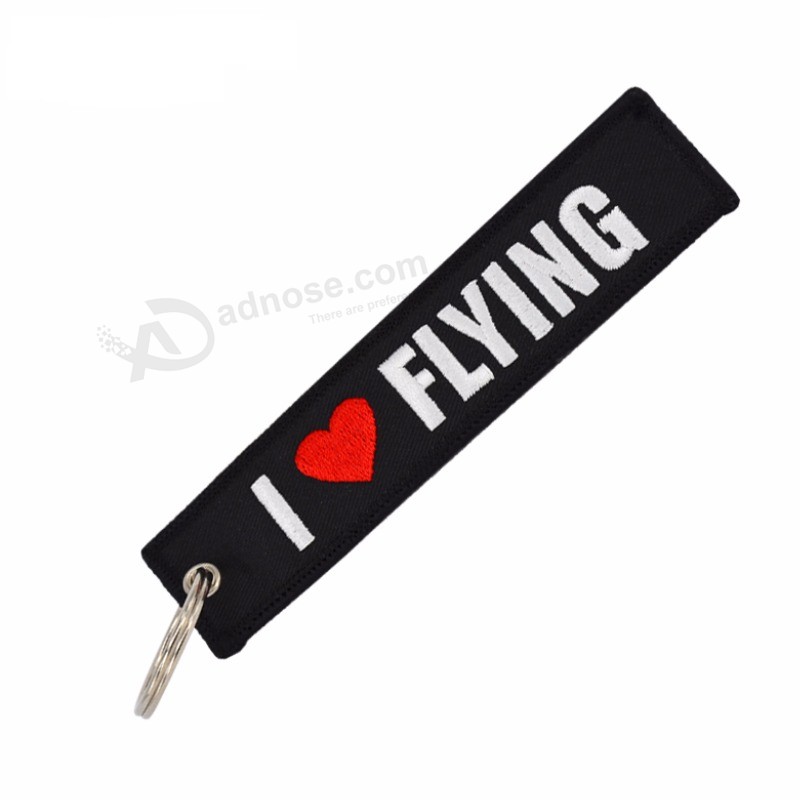 Remove before Flight OEM keychain Jewelry safety Label embroidery I love FLYING Key ring Chain for aviation Gifts luggage Tag