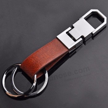 패션 듀얼 더블 링 정품 가죽 스트랩 열쇠 고리 자동차 개인 키 체인 열쇠 고리