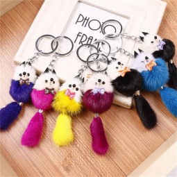 Car pendant keychain strip plush metal kaychain lovers spherical plush high quality leather keychain lovers Fur ball Bag pendant