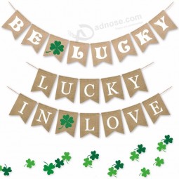 venta al por mayor monograma arpillera yute natural feliz día de San Patricio verde BE suerte pancartas banderines casa banderas decoración del partido