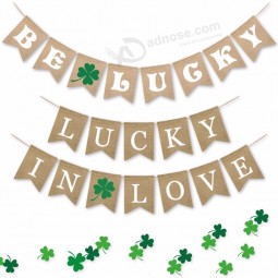 wholesale monogrammed burlap natural jute happy St.patrick's Day green BE luck banners bunting house flags  party decoration