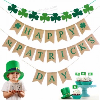 Happy St. Patrick's Day Burlap Banners Felt Shamrock Bunting Garland Clover Banner for St. Patrick's Day Decorations