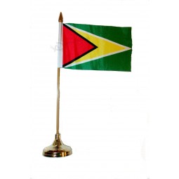 Guyana Small 4 X 6 Inch Mini Country Stick Flag Banner with GOLD STAND on a 10 Inch Plastic Pole