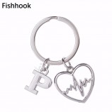 hartvormige golf hart chic ECG hartslag brief hangers 26 alfabet initiële sleutelhanger Auto hanger sieraden sleutelhanger