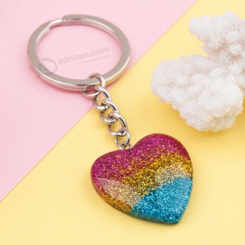 도매 수지 열쇠 고리 및 열쇠 고리 심장 여러 가지 빛깔의 반짝이 열쇠 고리 새로운 패션 귀여운 로맨틱 8cmx 3cm, 1 조각