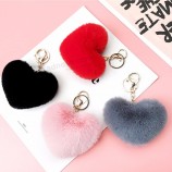 trendy heart ball Pom Pom keychain fluffy faux rabbit Fur pompom Key chains women Bag charms trinket accessories keyring llavero