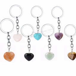 Rose Pink Natural Heart Stone Keychain Crystal Quartz Healing Stone Chakra Heart Key Chain Ring Keyring Jewelry Gift