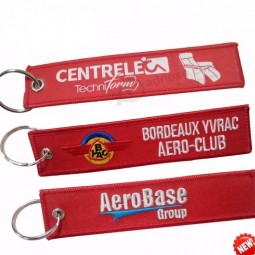 best factory custom made brand logo Red woven Key Tag, flight crew fabric keychain No MOQ embroidery keychain