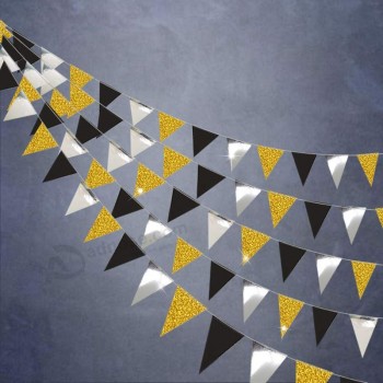 金色和黑色三角形复古国旗花环横幅套件，用于聚会装饰/悬挂式花环横幅，用于毕业