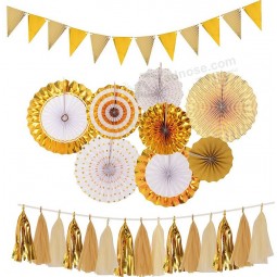 Gold Party Decorations| Gold Paper Fans Decorations| Sparkly Paper Pennant Banner Triangle Flags