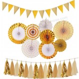 gold party decorations| gold paper fans decorations| sparkly paper pennant banner triangle flags