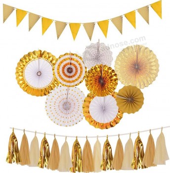 goldene Partydekorationen | Gold Papierfächer Dekorationen | glitzerndes Papier Wimpel Banner Dreieck Fahnen