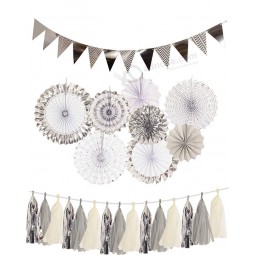 silver engagement decorations, silver paper fans decorations + sparkly paper pennant banner triangle flags+tissue paper tassels garland