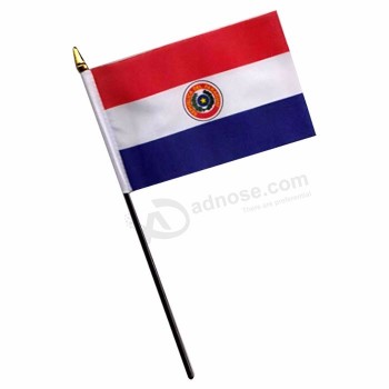 Fan que anima la pequeña bandera nacional de Paraguay sacudiendo la mano