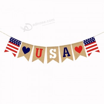 groothandel aangepaste 7 stks rood blauw burgee bunting vlag met touw touw liefde amerikaanse vlag jute hart VS bunting vlaggen banner