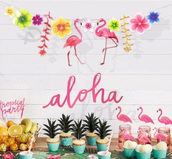 Flamant rose hawaïen décoration tirer fleur nid d’ange ananas drapeau d’été thème fête arrangement drapeau