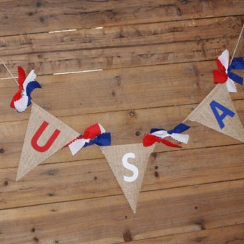 banderines de pared colgantes tricolor bowknot azul, blanco y rojo EE. UU. imprimir banderines de lino